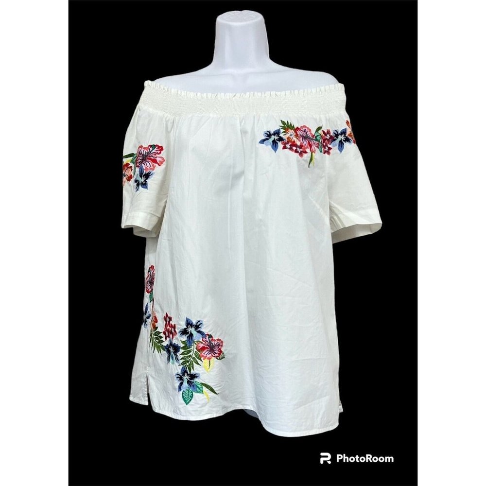 Boho Off Shoulder Top‎ Sz M White Floral Embroidery Short Sleeve Coastal Cowgirl